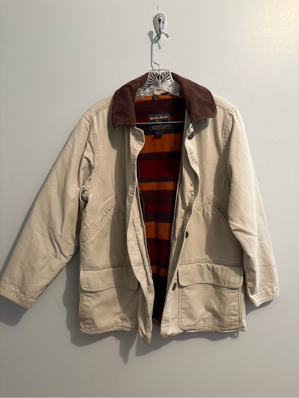 Woolrich Women’s Tan Canvas Jacket Striped Blanket Lined Western Utility Granola